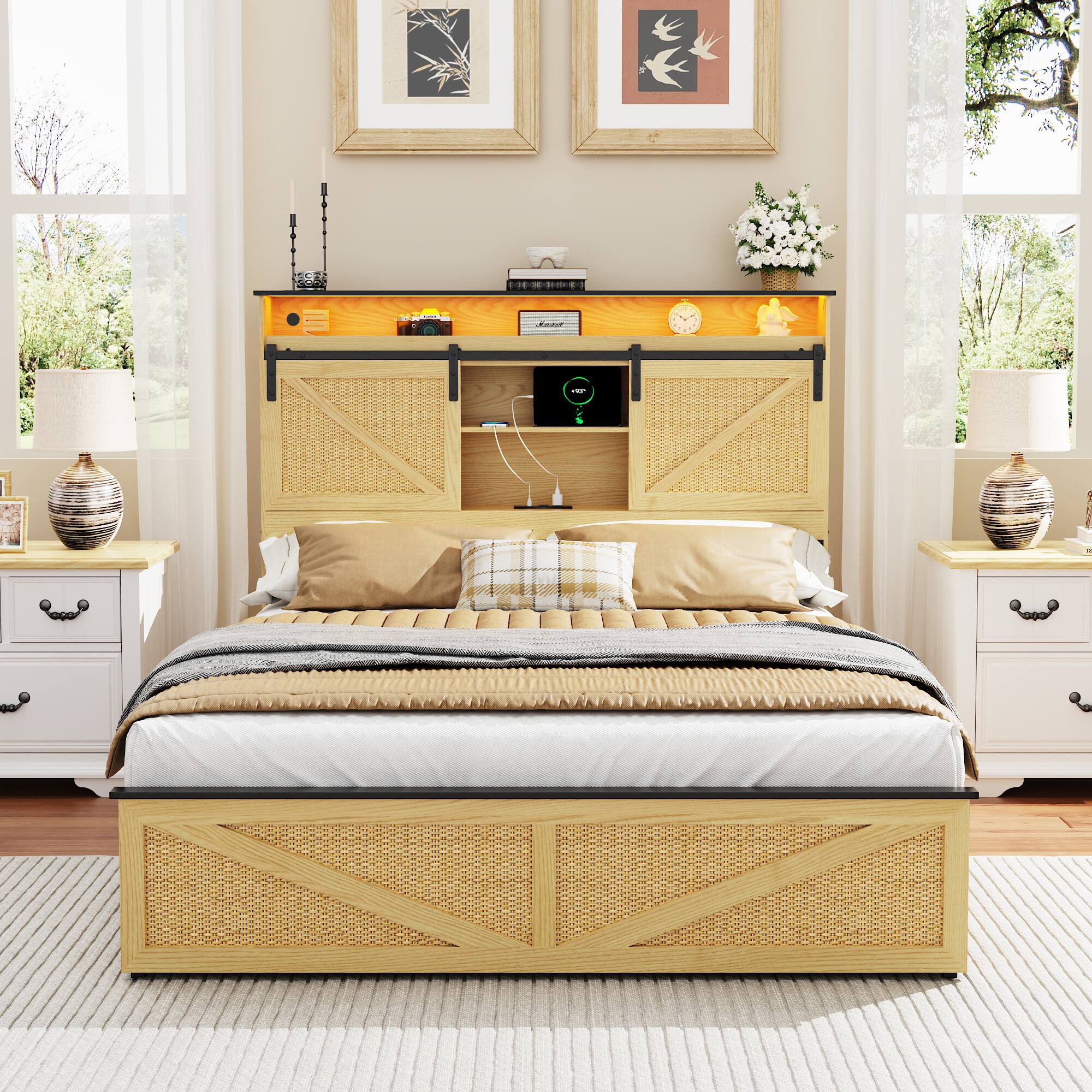 Angle. LUCKY ONE - Farmhouse Full Size Bed Frame with Storage Headboard and Drawers,Charging Station & LED Lights - Natural.