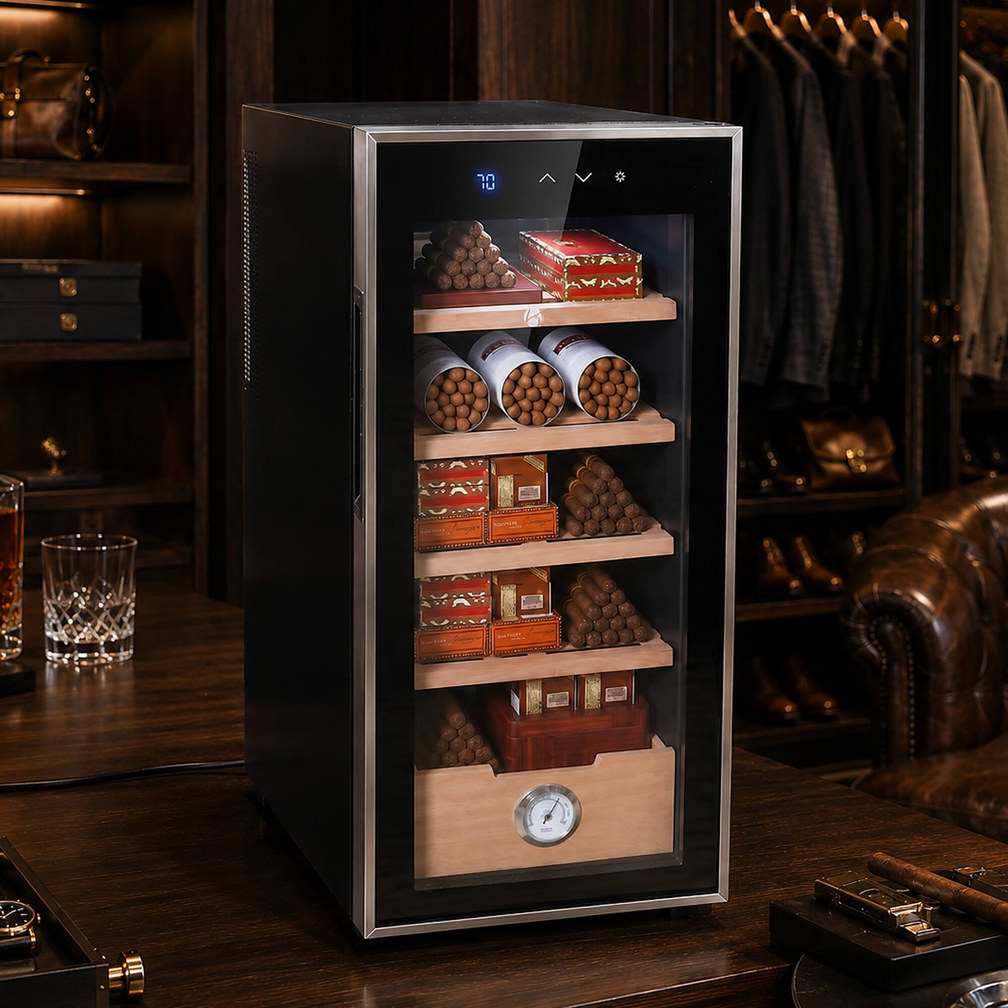 Alt View 7. KingChii - 33L Thermoelectric Cigar Humidor Storage Cabinet with Temp Control, Spanish Cedar Shelves and Hygrometer(250 Capacity) - Black.