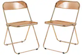 LeisureMod - Lawrence 2-PCS Clear Accent Chair, Folding Acrylic Design with Gold Chrome Frame, Portable Assembled Seating - Tangerine