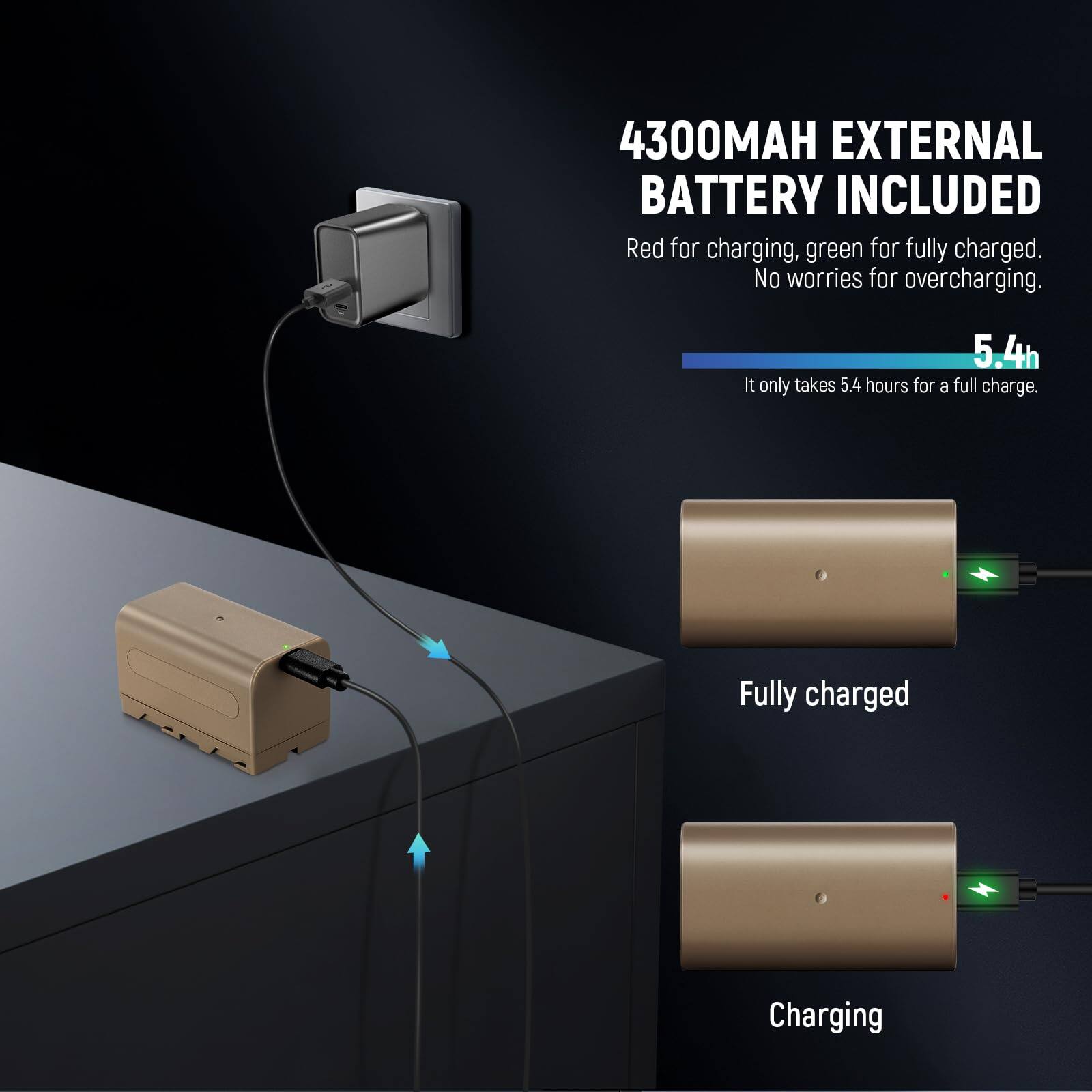 4300mAh External Battery Included

Red for charging, green for fully charged. No worries for overcharging.

5.4h
It only takes 5.4 hours for a full charge.

Fully charged

Charging
