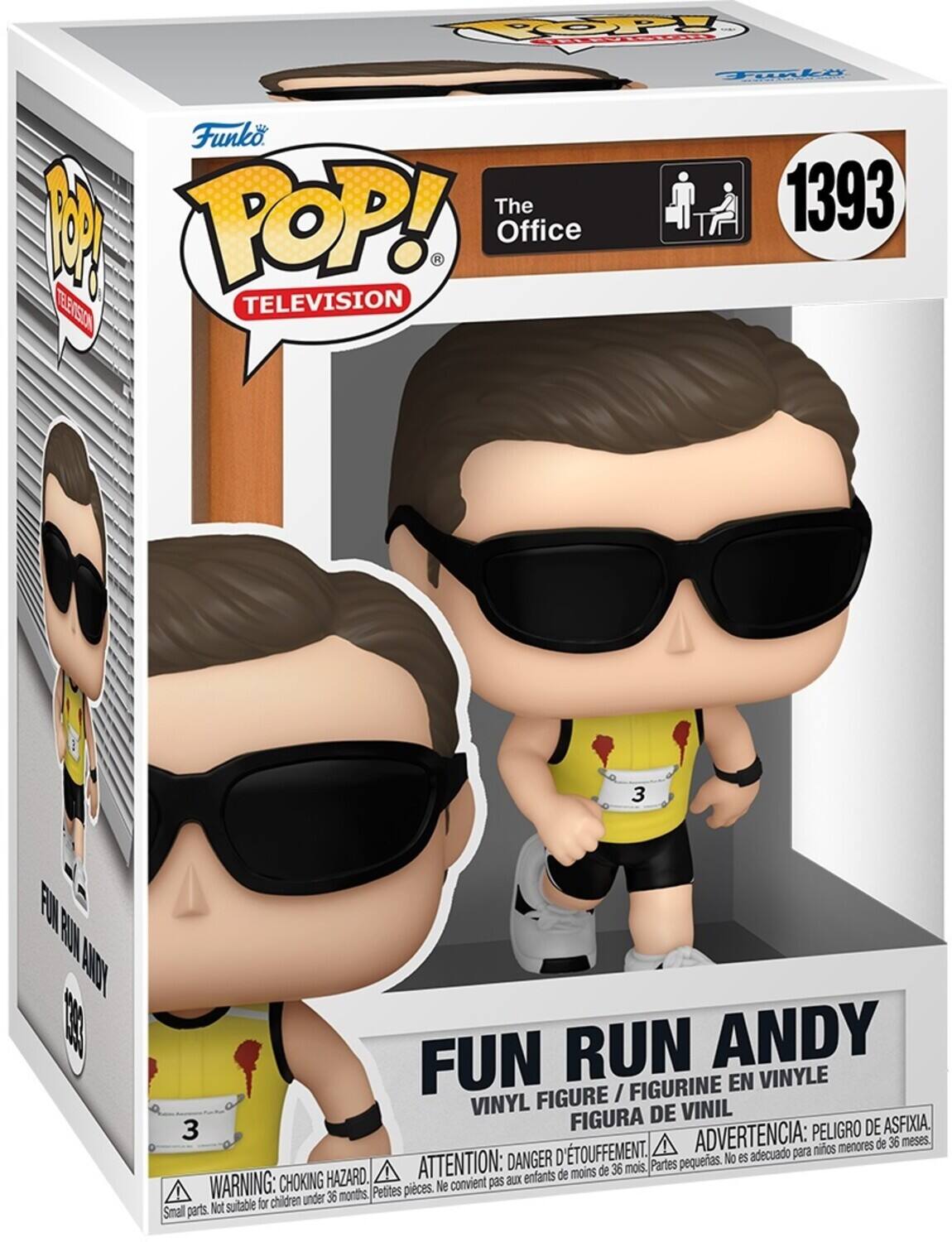 The text can be grouped as follows:

- Brand and series: Funko POP! Television
- Character name: Fun Run Andy
- Warning: Warning: Choking Hazard. Small parts. Not suitable for children under 36 months. Parts pequeñas. No es adecuado para niños menores de 36 meses. Peligro de asfixia. Danger d'étouffement. Attention: choking hazard. Petites pièces. Ne convient pas aux enfants de moins de 36 mois.
- Character number: 1393
- Description: Figurine en vinyle / figurine en vinyle / figura de vinil
- Translation: Figurine in vinyl / figurine in vinyl / vinyl figure

Corrected text:

- Brand and series: Funko POP! Television
- Character name: Fun Run Andy
- Warning: Warning: Choking Hazard. Small parts. Not suitable for children under 36 months. Parts pequeñas. No es adecuado para niños menores de 36 meses. Peligro de asfixia. Danger d'étouffement. Attention: choking hazard. Petites pièces. Ne convient pas aux enfants de moins de 36 mois.
- Character number: 1393
- Description: Figurine en vinyle / figurine en vinyle / figura de vinil