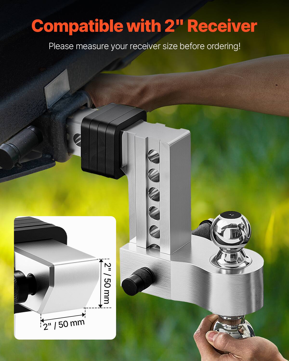 Compatible with 2" Receiver  
Please measure your receiver size before ordering!  

2" / 50 mm  
2" / 50 mm