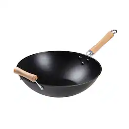Escali - Joyce Chen Professional Series 14-Inch Preseasoned Cast Iron Flat Bottom Wok with Maple Handle - Black