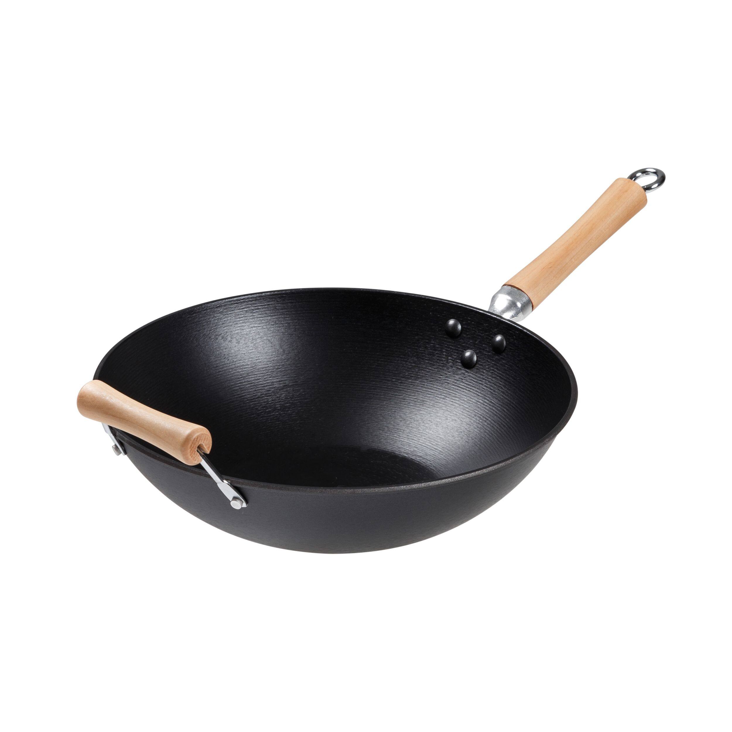 Front. Escali - Joyce Chen Professional Series 14-Inch Preseasoned Cast Iron Flat Bottom Wok with Maple Handle - Black.