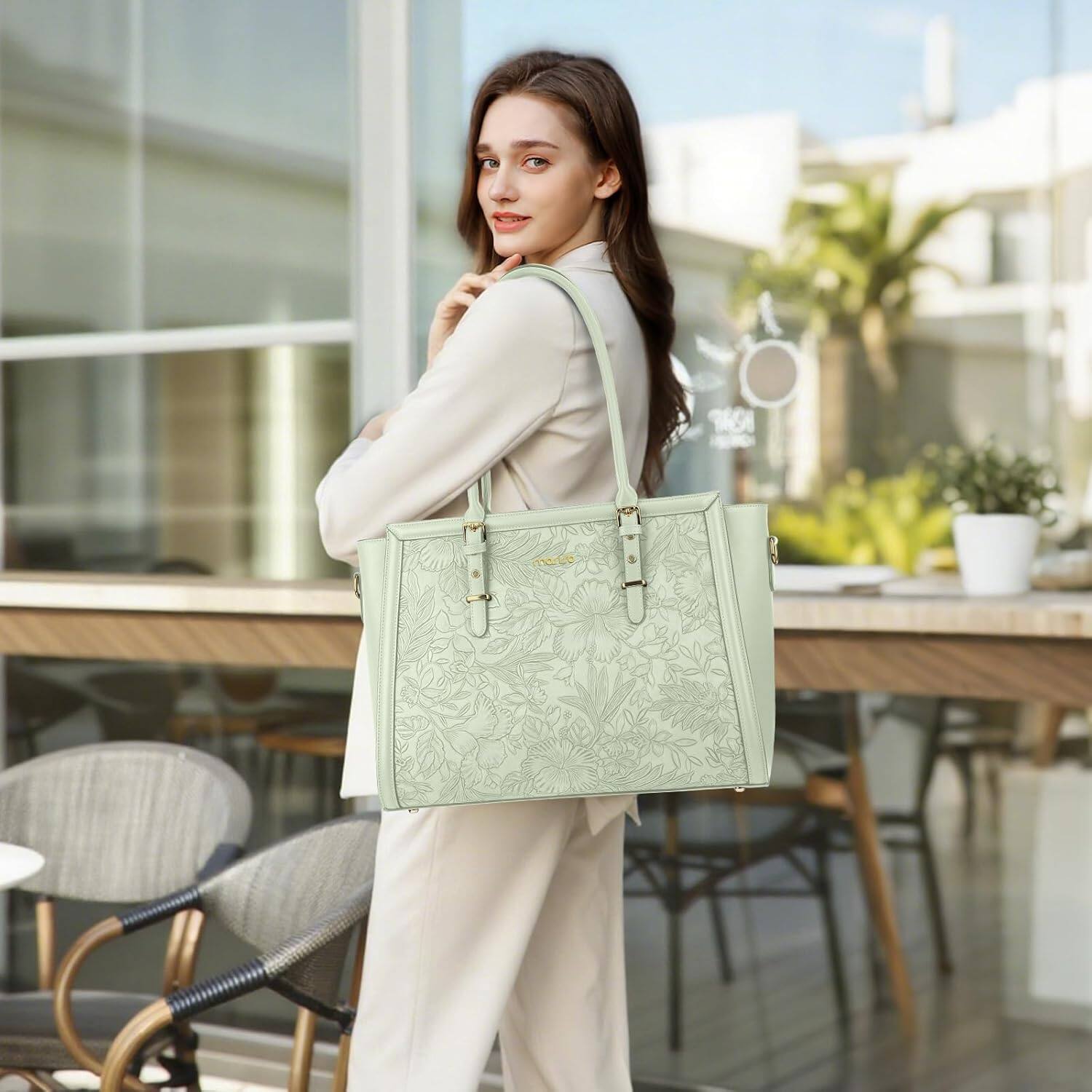 Angle. mosiso - Laptop Bag for Women 17-17.3 inch PU Leather Tote Bag Work Briefcase Computer Bags - Sage Green.