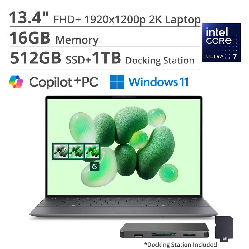 13.4" FHD+ 1920x1200p 2K Laptop  
Intel Core Ultra 7  
16GB Memory  
512GB SSD + 1TB  
Docking Station  
Copilot + PC  
Windows 11  
*Docking Station Included