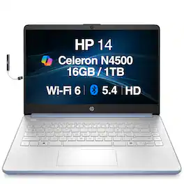 HP - Upgraded - 14 Laptop 14.0 HD (Intel Celeron N4500, 32GB DDR4, 1TB PCIe SSD, Intel UHD, Win 11 Pro) w/USB Hub - Sky Blue