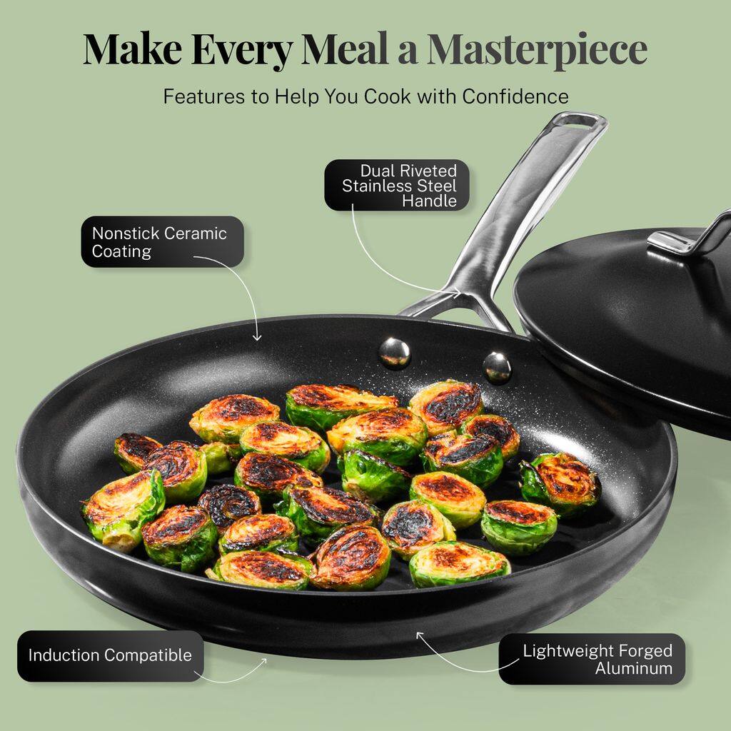 Make Every Meal a Masterpiece
Features to Help You Cook with Confidence
Dual Riveted Stainless Steel Handle
Nonstick Ceramic Coating
Induction Compatible
Lightweight Forged Aluminum