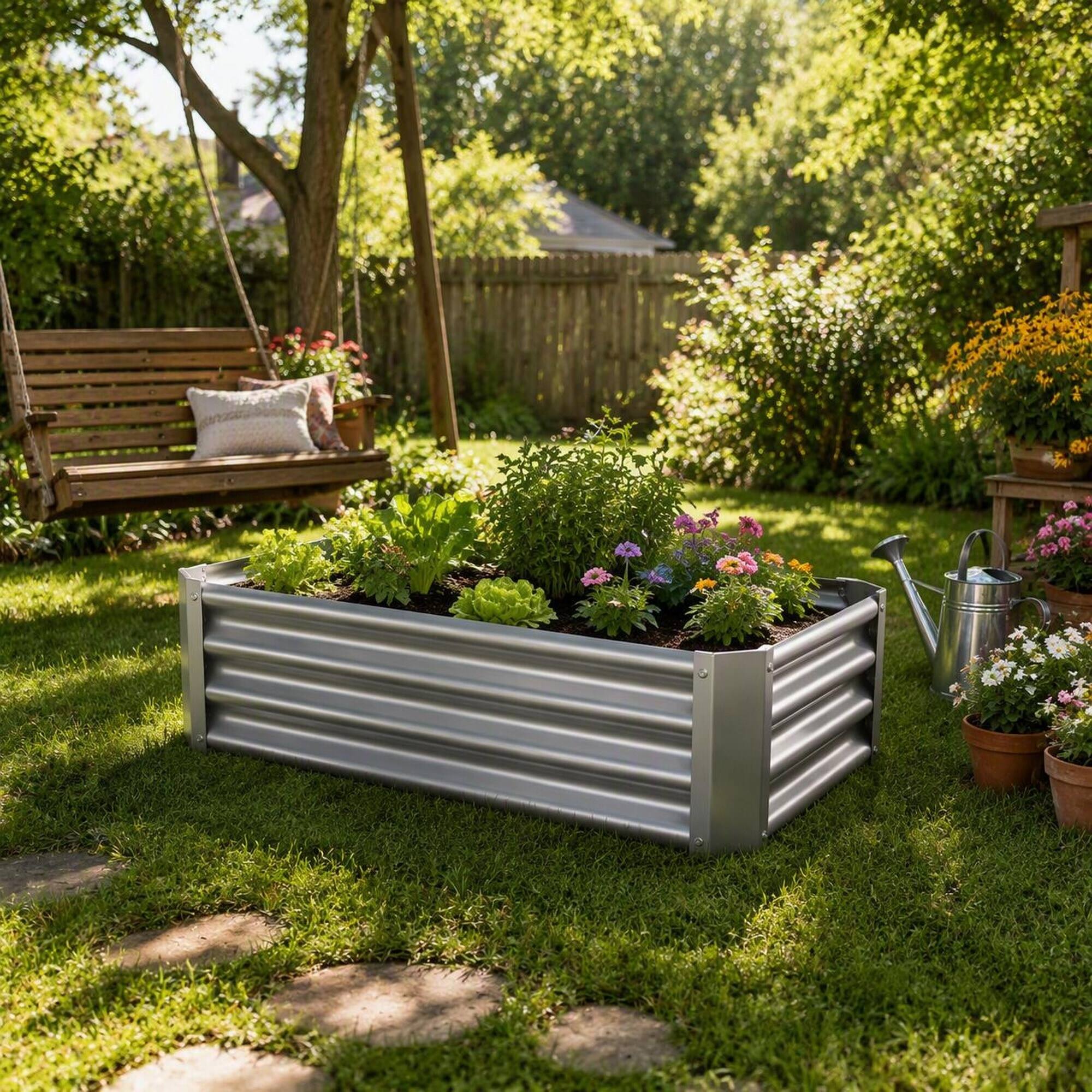 Alt View 2. RYHNUYNE - Raised Garden Bed 4x2x1ft Metal Planter Box Galvanized Steel for Vegetables Flowers Herb Silver - Silver.