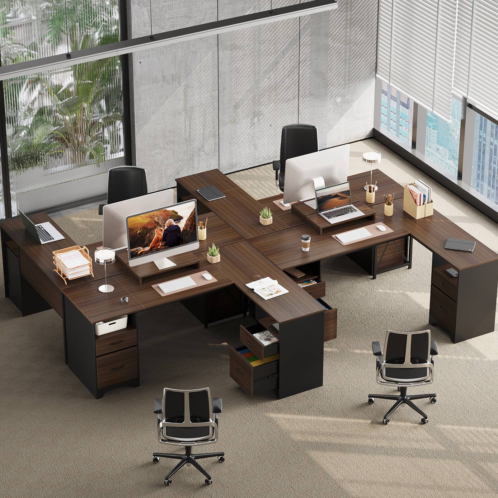 Angle. Bestier - 63inch L-Shaped Gomputer Desk with Two File and Storage Drawers Corner Executive Desk for Home Office - Cherry.