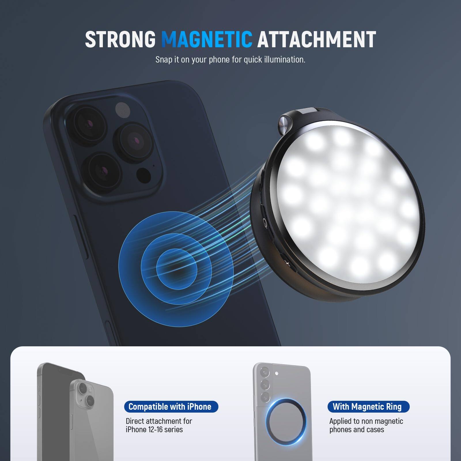 STRONG MAGNETIC ATTACHMENT  
Snap it on your phone for quick illumination.  

Compatible with iPhone  
Direct attachment for iPhone 12-16 series  

With Magnetic Ring  
Applied to non-magnetic phones and cases