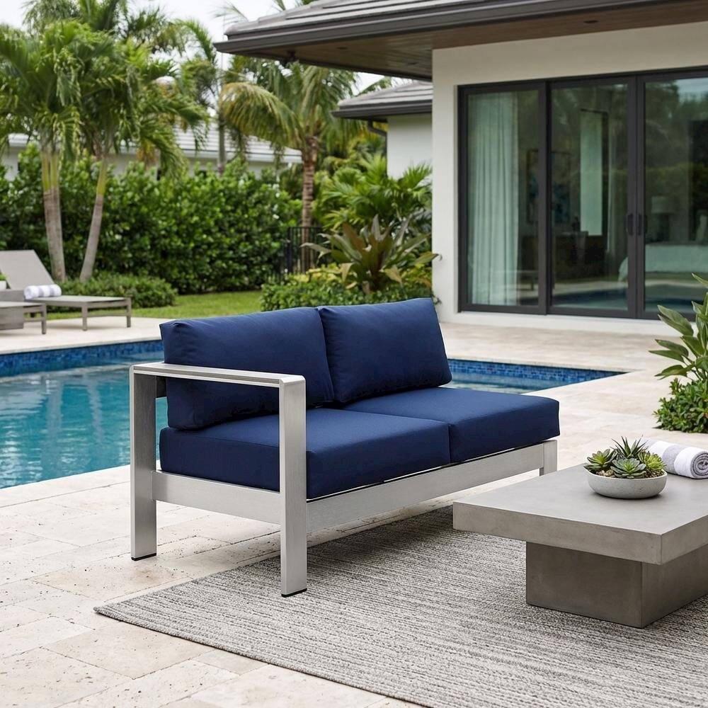 Left. Outdoor Escape - Outdoor Left-Arm Corner Sectional Loveseat - Aluminum Frame, Cushioned Seating - Silver.