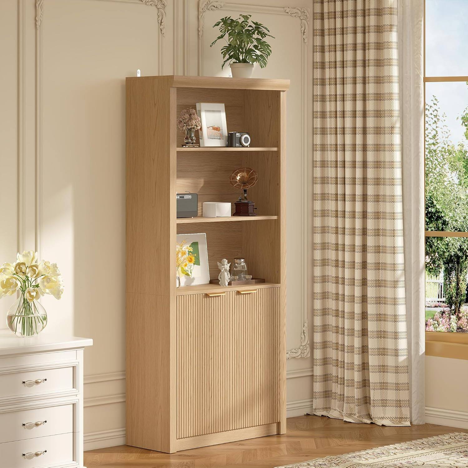 Front. Homhougo - 71" Tall 5-Shelf Wooden Bookcase with Doors, 31.5" Wide Farmhouse Book Shelf, Adjustable Top Shelf - Oak.