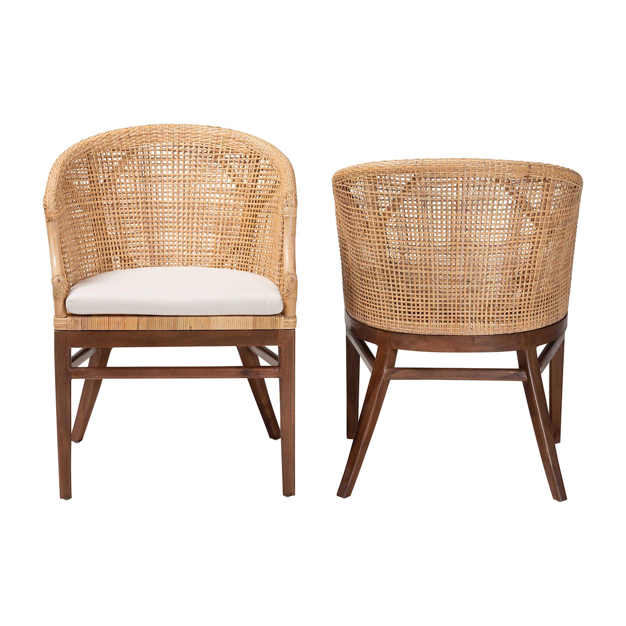 Angle. bali & pari - Lumajang Bohemian Rattan and Wood 2-Piece Dining Chair Set - Light Honey/White/Walnut Brown.