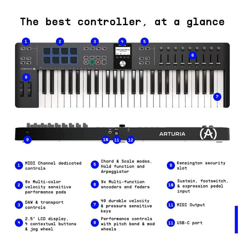 The best controller, at a glance

1. MIDI Channel dedicated controls
2. 8x Multi-color velocity sensitive performance pads
3. DAW & transport controls
4. 2.5" LCD display, 4 contextual buttons & jog wheel
5. Chord & Scale modes, Hold function and Arpeggiator
6. 9x Multi-function encoders and faders
7. 49 durable velocity & pressure sensitive keys
8. Performance controls with bend & mod pitch wheels
9. Kensington security slot
10. Sustain, footswitch, & expression pedal input
11. MIDI Output
12. USB-C port