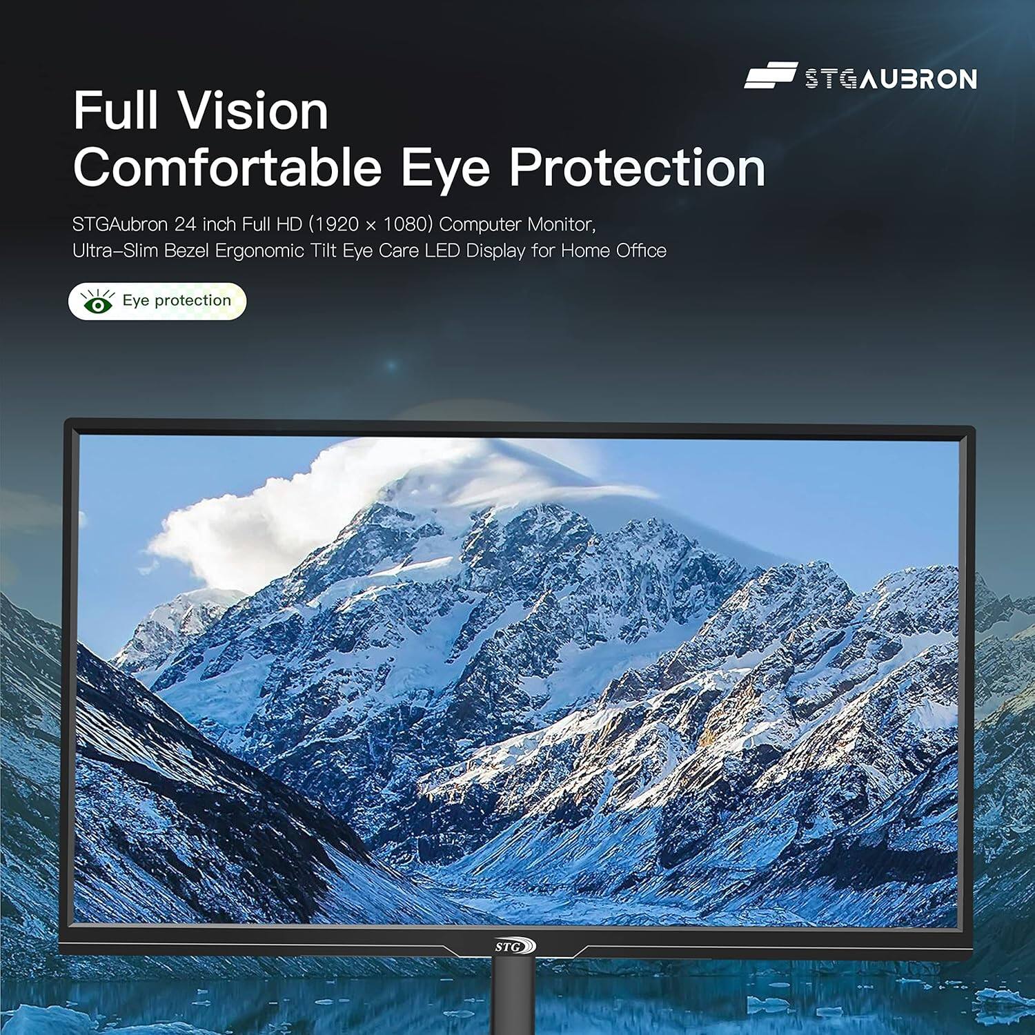 STGAubron 24 inch Full HD (1920 x 1080) Computer Monitor, Ultra-Slim Bezel Ergonomic Tilt Eye Care LED Display for Home Office Eye Protection