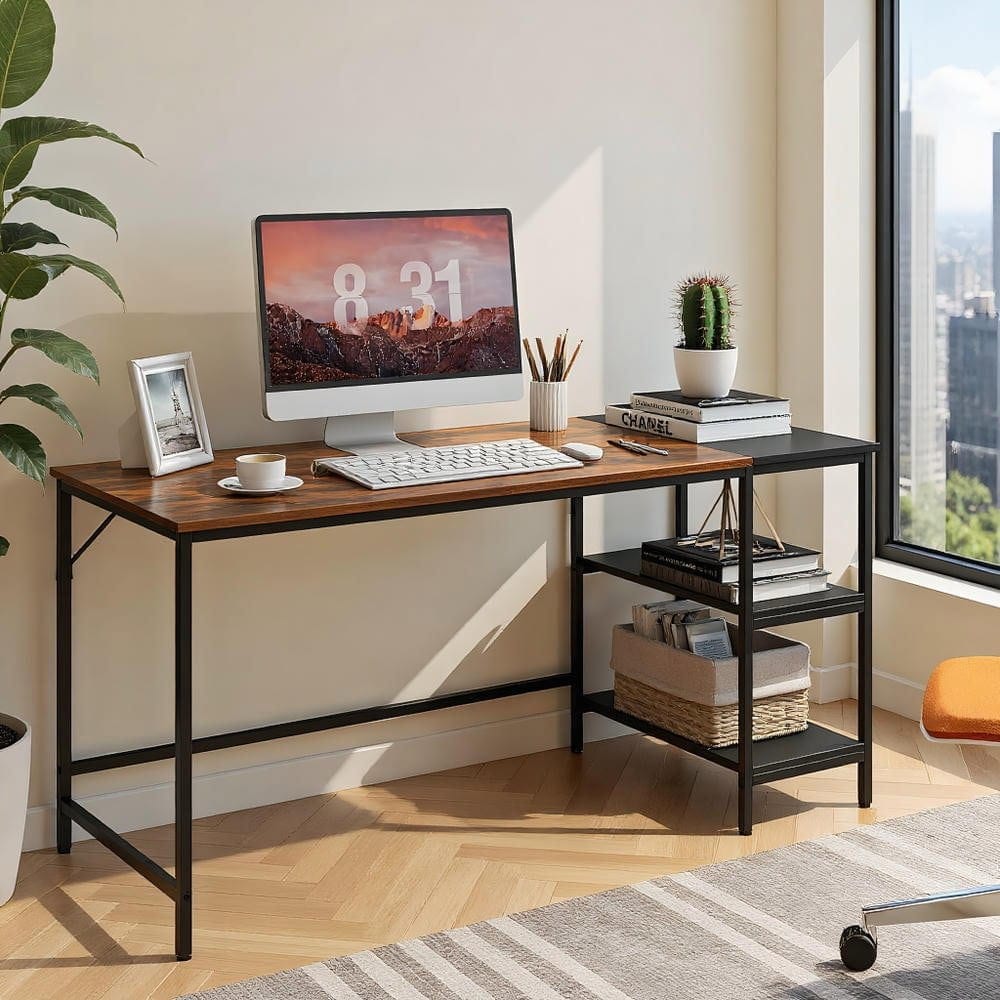 Kadyn - 55 Inch Modern Industrial Style Study Writing Desk with 2 Storage Shelves- Home Office Desks, Computer Desks - Brown