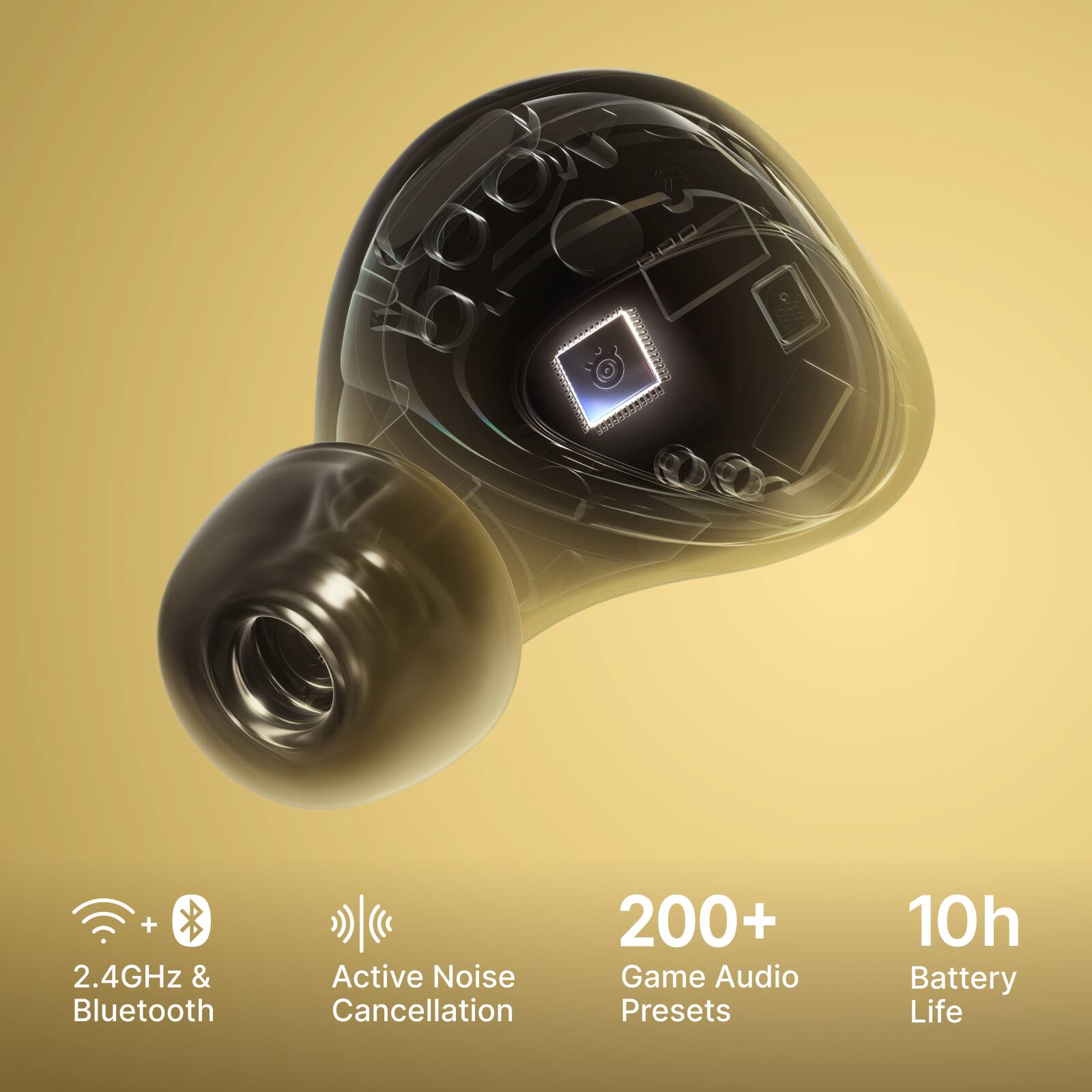 + 2.4GHz & Bluetooth  
Active Noise Cancellation  
200+ Game Audio Presets  
10h Battery Life