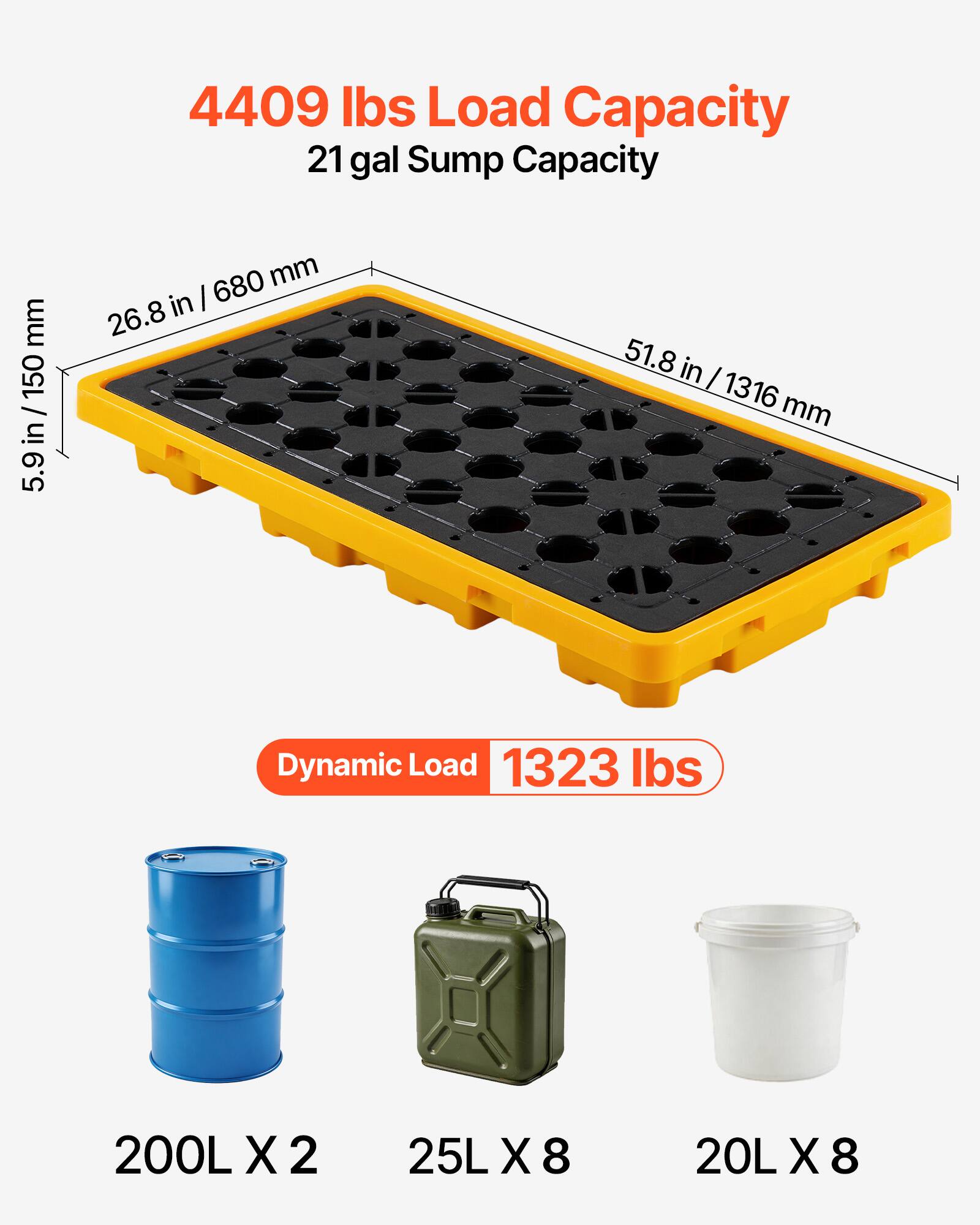 4409 lbs Load Capacity  
21 gal Sump Capacity  
5.9 in / 150 mm  
26.8 in / 680 mm  
51.8 in / 1316 mm  
Dynamic Load 1323 lbs  
200L X 2  
25L X 8  
20L X 8