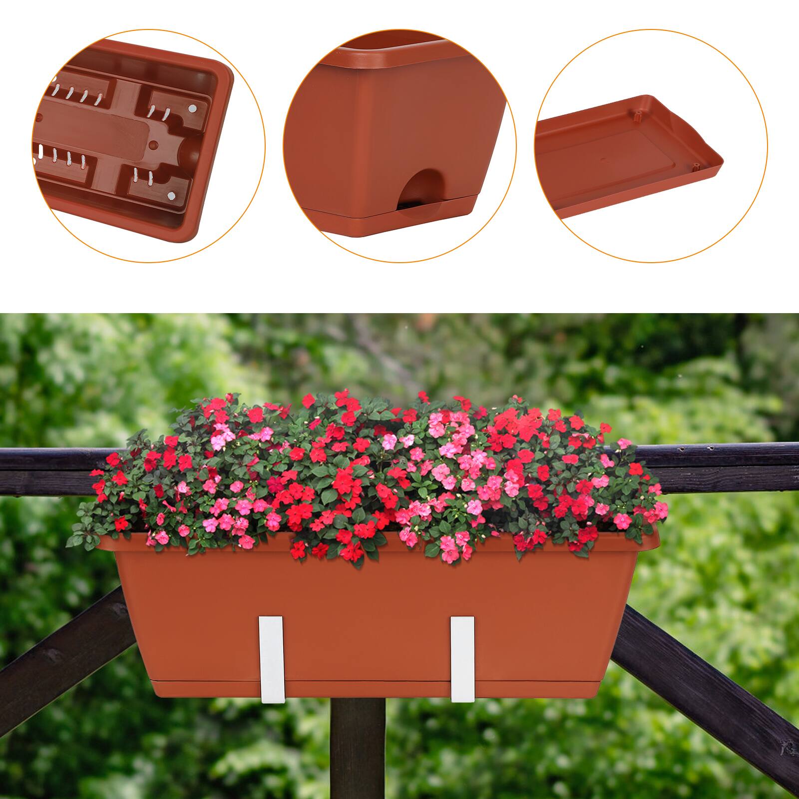 Alt View 1. Oumilen - 6PCS Adjustable Railing Planter Box Set, Terracotta with White Brackets.