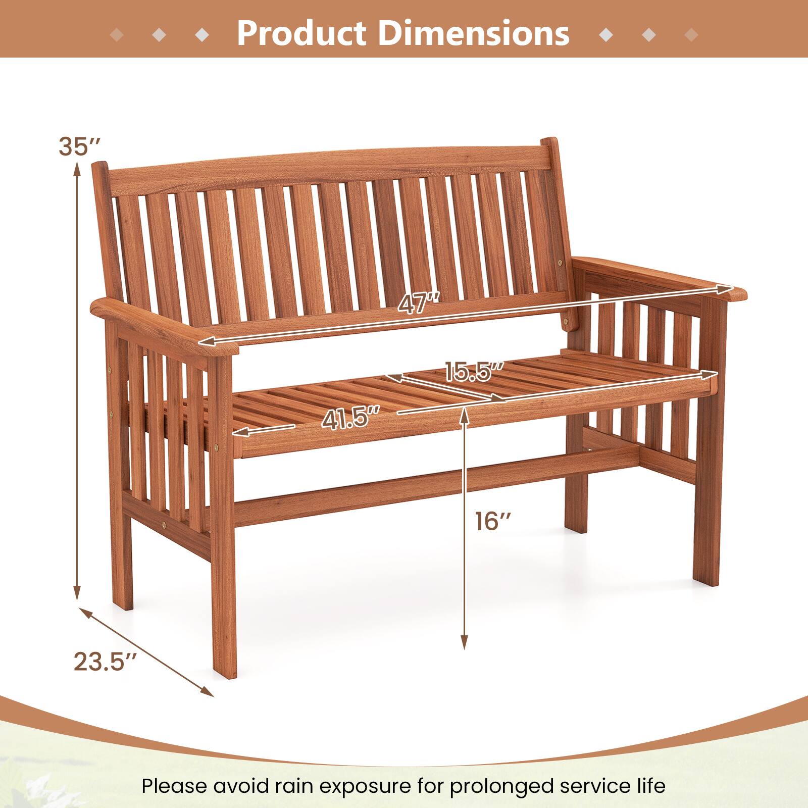 Product Dimensions

- 35"
- 47"
- 15.5"
- 41.5"
- 16"
- 23.5"

Please avoid rain exposure for prolonged service life