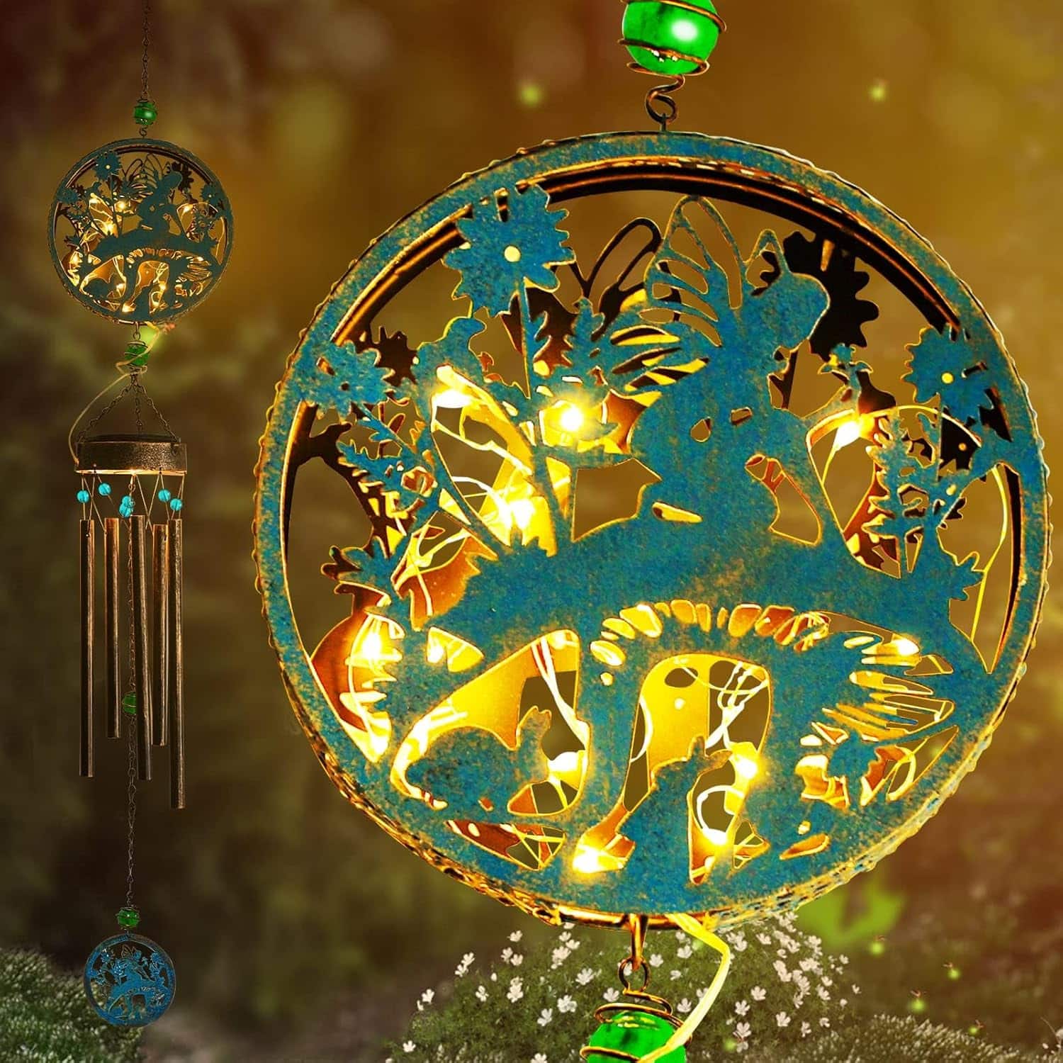 Fabibe - Hummingbird Wind Chimes for Outside Gifts Mothers Day Woman Mom Grandma 30" Metal Hanging Solar Lantern Outdoor Garden - 1 pack-Fairy wind chime