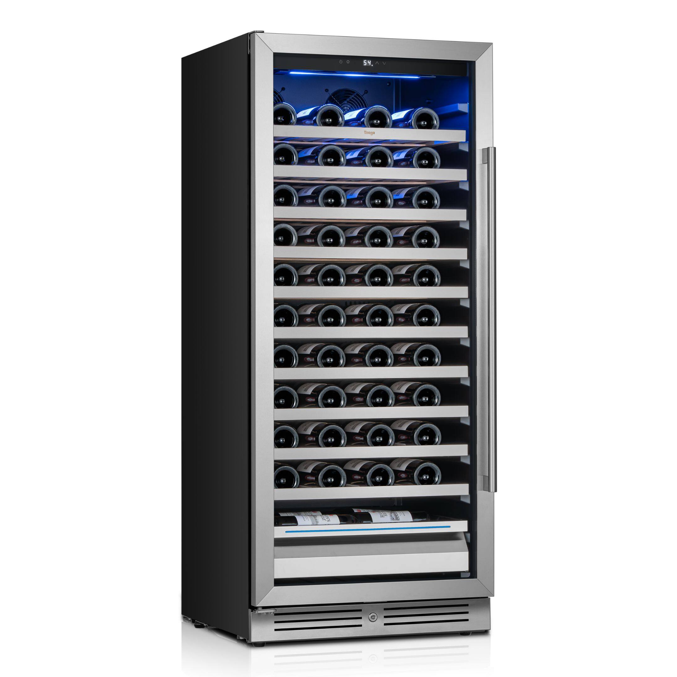 Angle. Yeego - 24-inch Wine Cooler Refrigerator, 89-Bottle , 40°F-65°F , Built-in or Freestanding Installationfor Home/Bar/Kitchen - Stainless Steel.