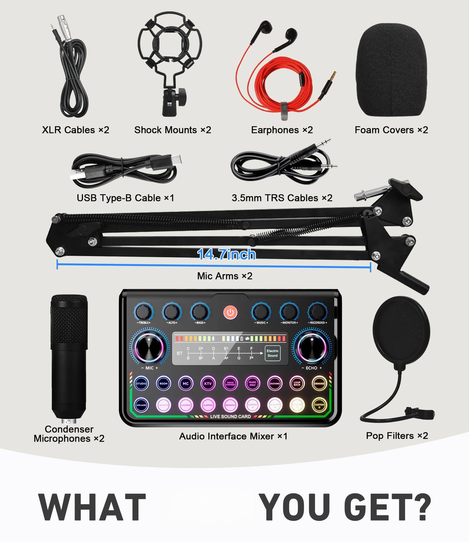 XLR Cables x2  
Shock Mounts x2  
Earphones x2  
Foam Covers x2  
USB Type-B Cable x1  
3.5mm TRS Cables x2  
Mic Arms x2  
Condenser Microphones x2  
Audio Interface Mixer x1  
Pop Filters x2  

WHAT YOU GET?