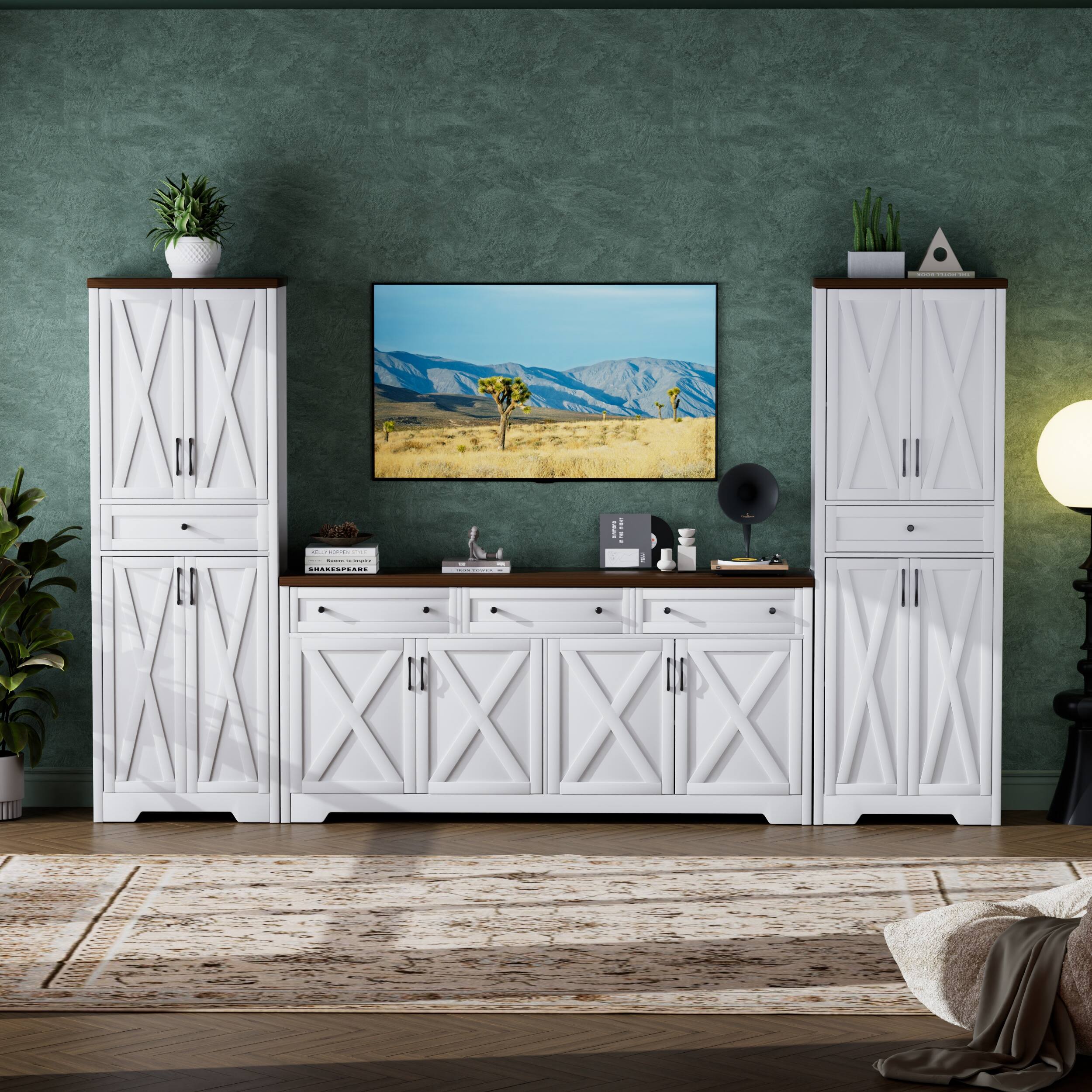 Alt View 1. TinyHomie - TV Cabinet Set Multifunctional TV Wall One TV Cabinet and Two Sideboards for Living Room 113.5in L x 15in W x 68in H - White and Walnut.