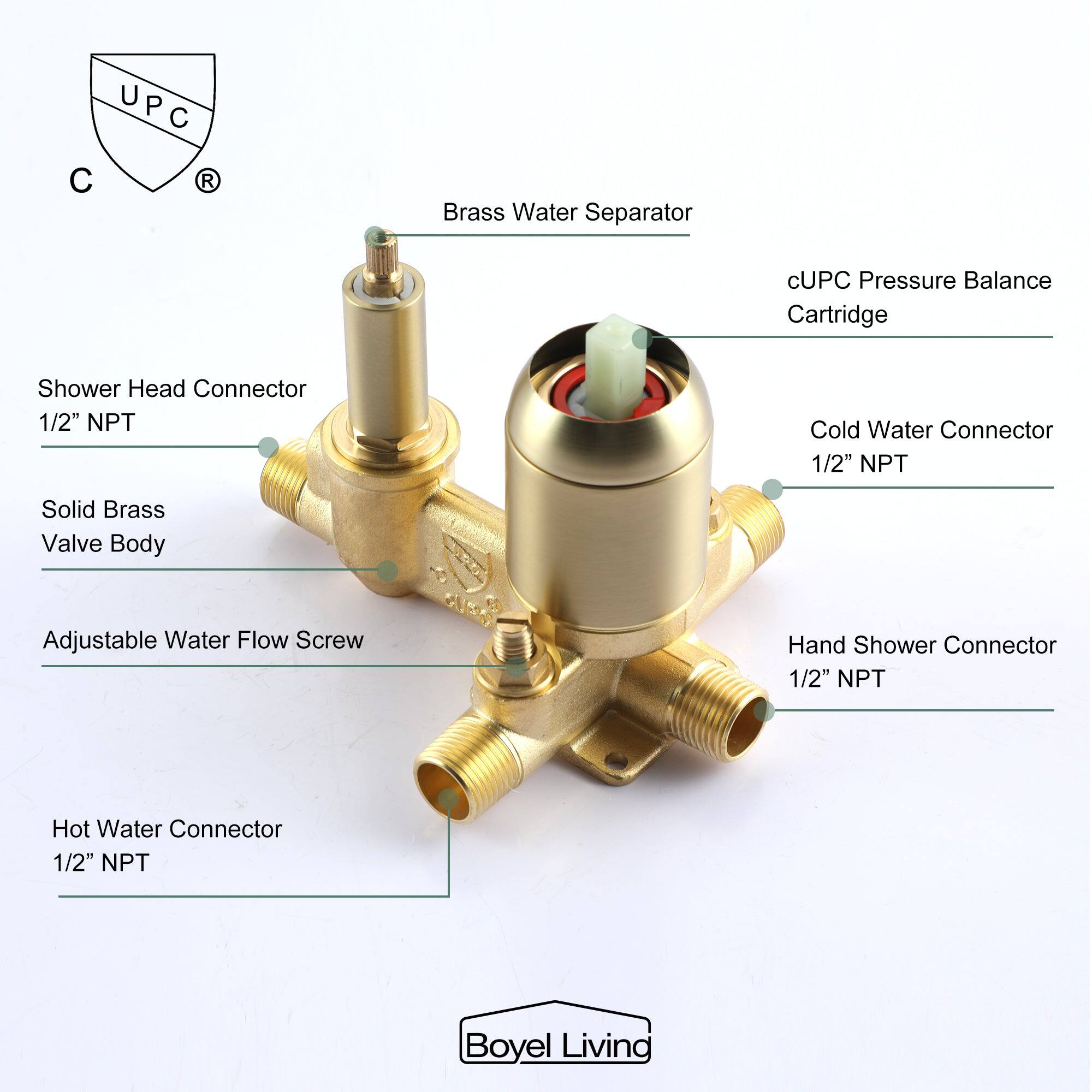 UPC C R, Brass Water Separator, cUPC Pressure Balance Cartridge, Shower Head Connector 1/2" NPT, Cold Water Connector 1/2" NPT, Solid Brass Valve Body, Adjustable Water Flow Screw, Hand Shower Connector 1/2" NPT, Hot Water Connector 1/2" NPT, Boyel Livind