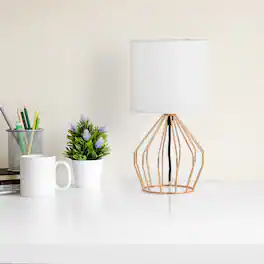 Oumilen - Modern Geometric Rose Gold Table Lamp – White Shade with In-Line Switch for Bedroom, Living Room