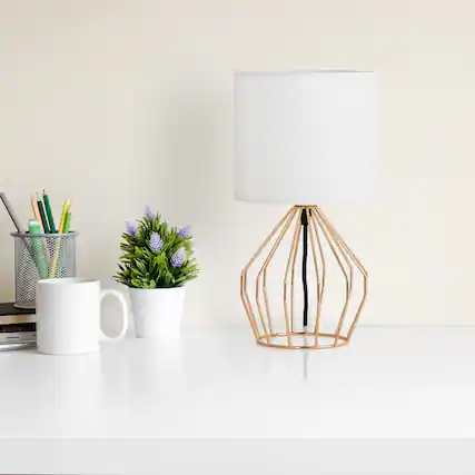 Front. Oumilen - Modern Geometric Rose Gold Table Lamp – White Shade with In-Line Switch for Bedroom, Living Room.