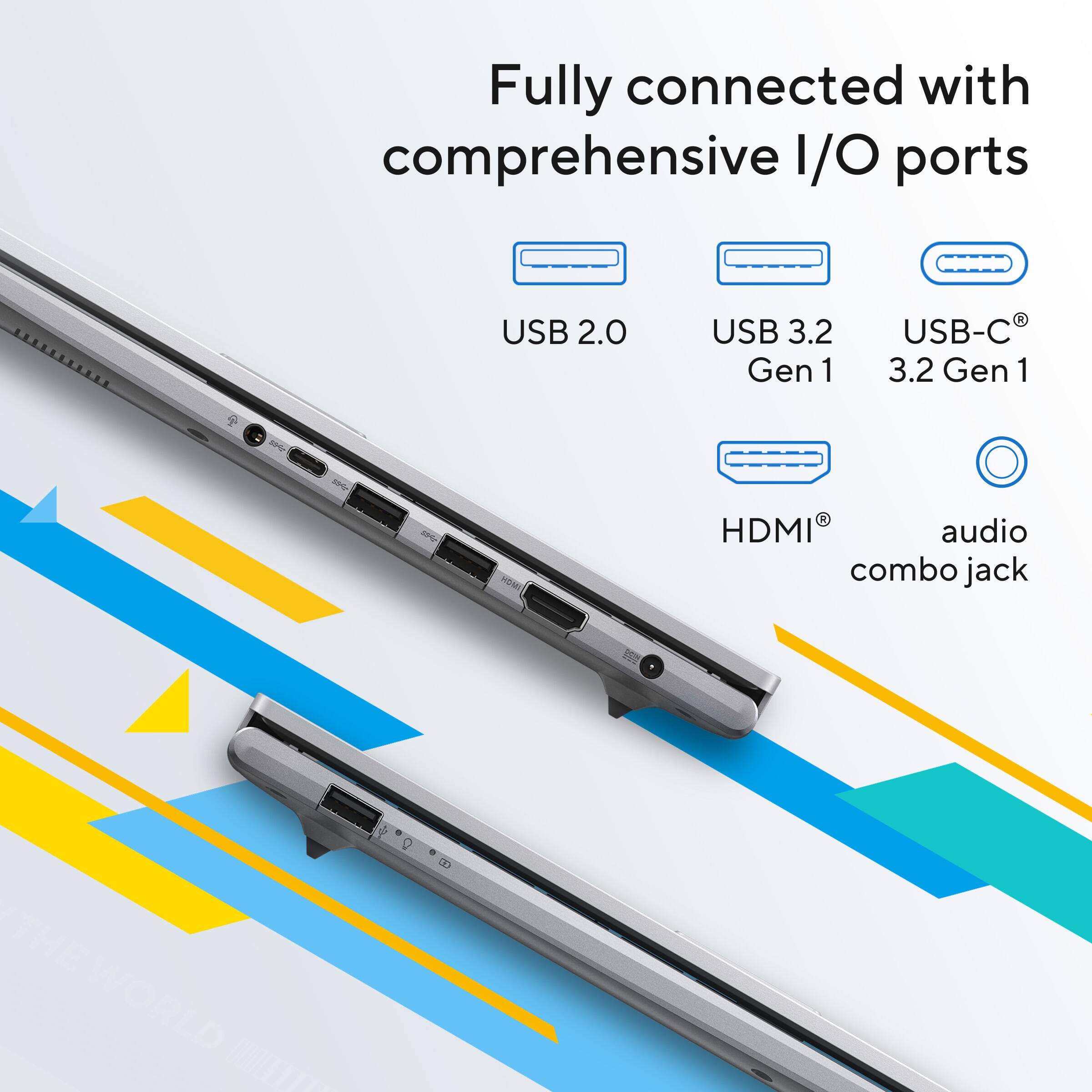 Fully connected with comprehensive I/O ports

- USB 2.0
- USB 3.2 Gen 1
- USB-C 3.2 Gen 1
- HDMI
- audio combo jack