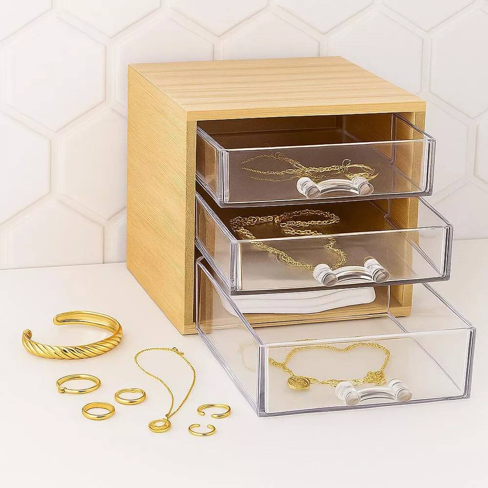 Angle. Elle - Bamboo Cotton Swab & Ball Organizer w/ 3 Acrylic Drawers, Lightweight Nonslip Storage Box for Personal Care Essentials - Clear/Natural Bamboo.