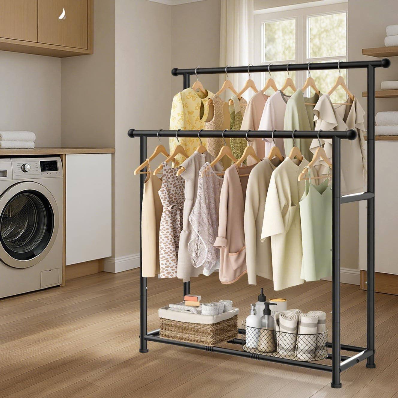 Alt View 6. Refined Abode Design - Double Rods Garment Rack Heavy Duty Clothing For Hanging Clothes Portable Organizer Bedroom Living Room Sto... - Matte Black.