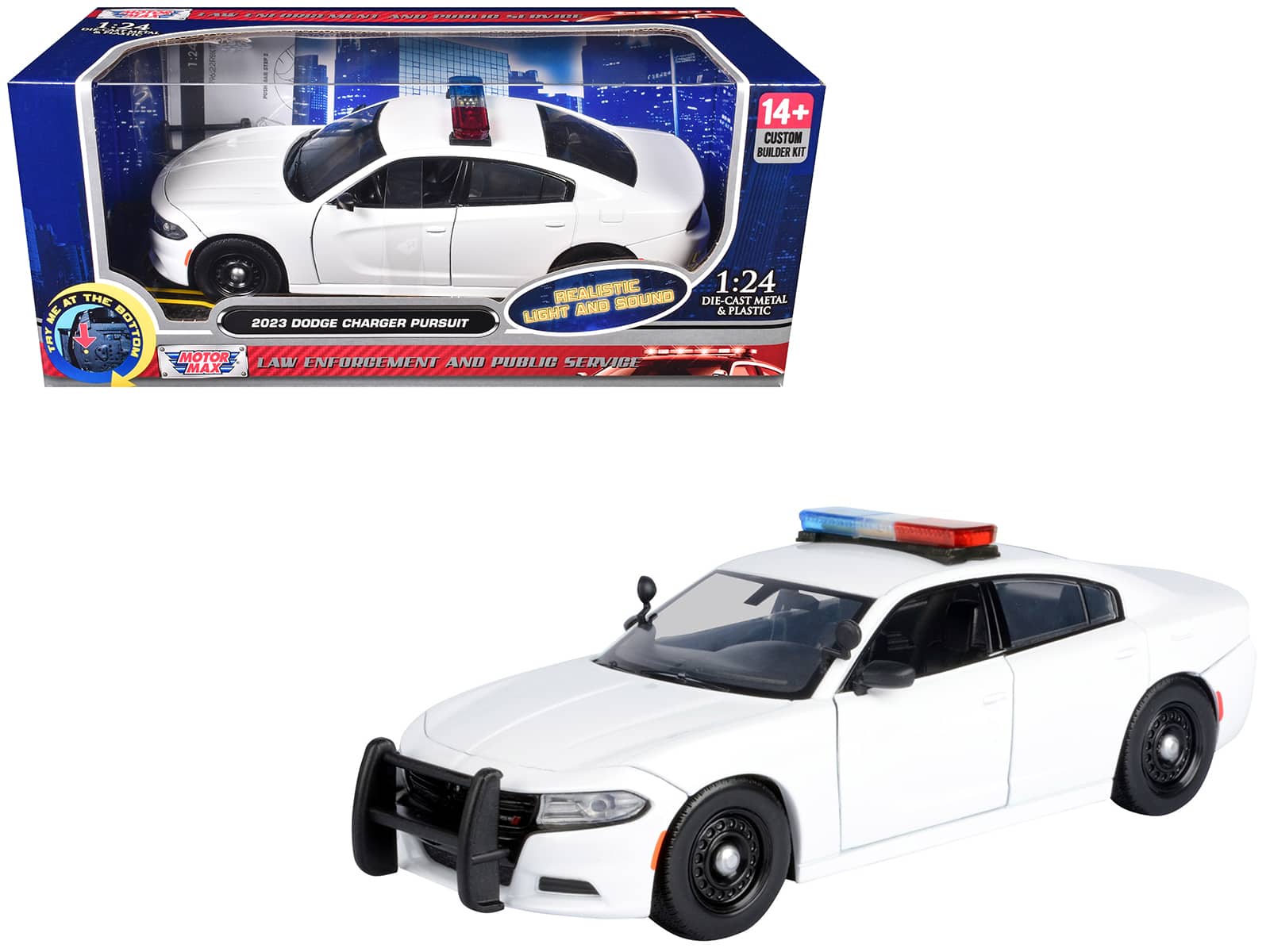 Motormax - 2023 Dodge Charger Pursuit Police Car Unmarked White w/ Flashing Light Bar, Front & Rear Lights, 2 Sounds 1/24 Diecast - Multi