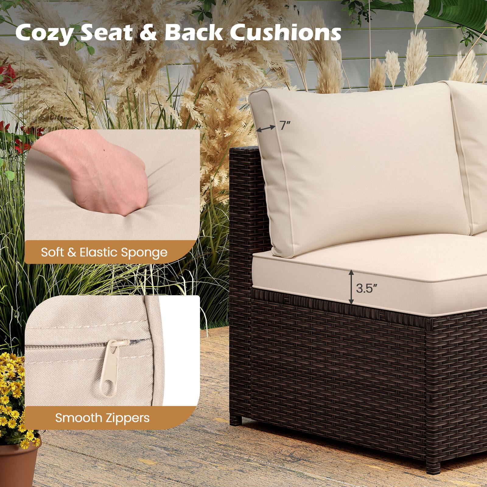 Cozy Seat & Back Cushions: 7" Soft & Elastic Sponge, 3.5" Smooth Zippers