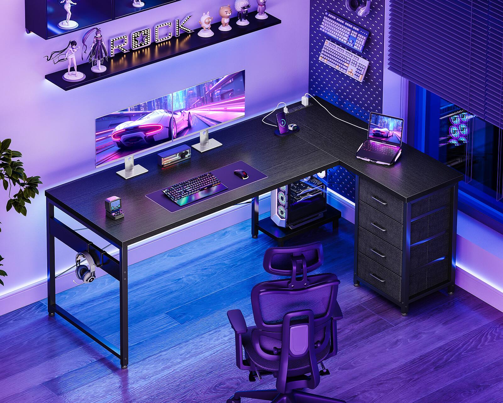 Alt View 2. AODK - Reversible L-Shaped Desk with 4-Tier Drawers, Power Outlets, USB Charging Port and Host Stand - Black.