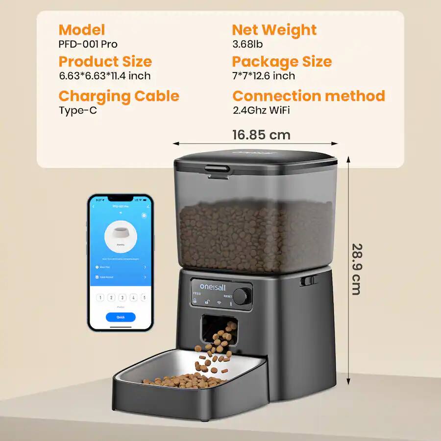 Model PFD-001 Pro  
Product Size: 6.63*6.63*11.4 inch  
Charging Cable Type: Type-C  
Net Weight: 3.68lb  
Package Size: 7*7*12.6 inch  
Connection Method: 2.4Ghz WiFi  
Dimensions: 16.85 cm (width) x 28.9 cm (height)
