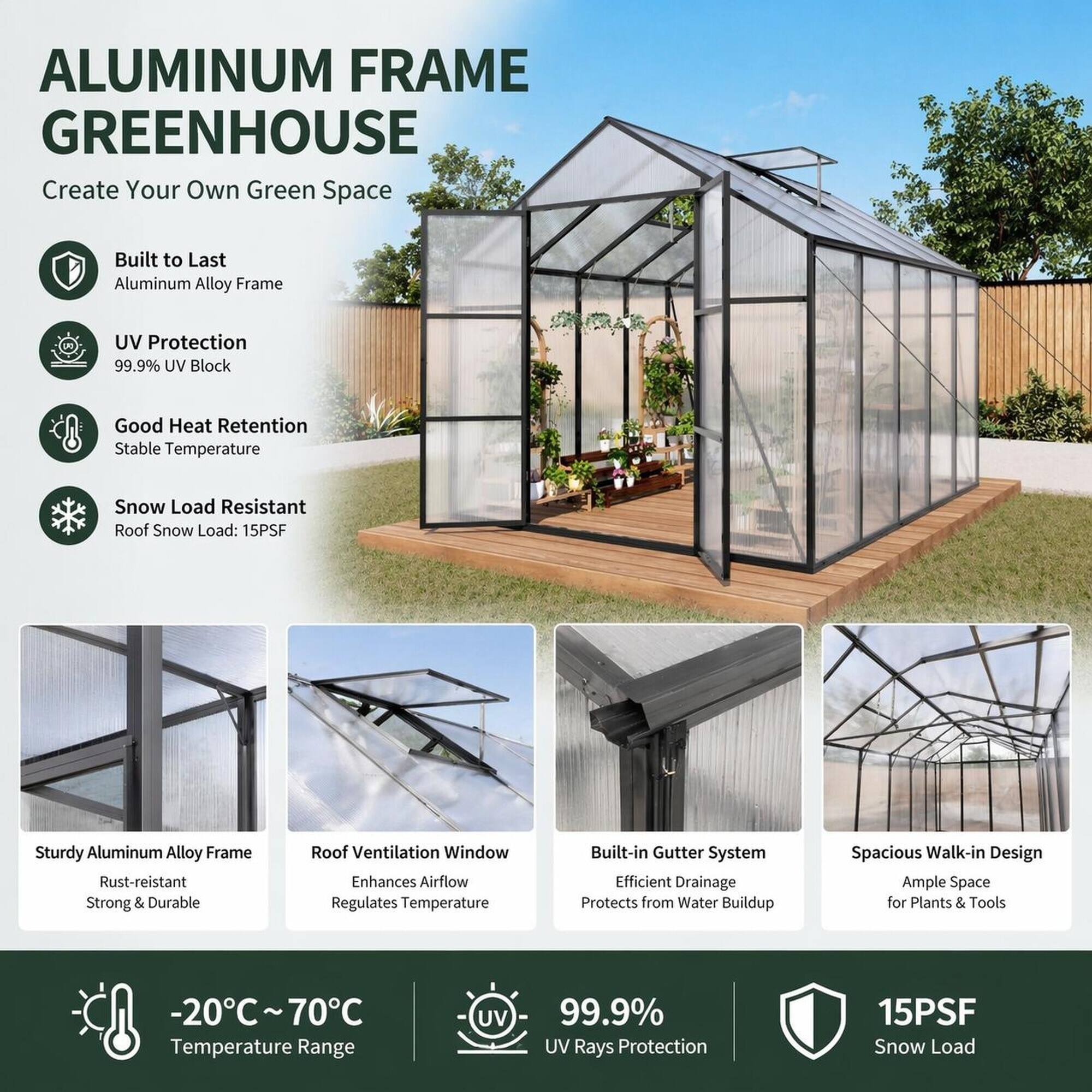 RYHNUYNE 8x10 ft Polycarbonate Greenhouse, Walk in Aluminum Frame, 4mm ...