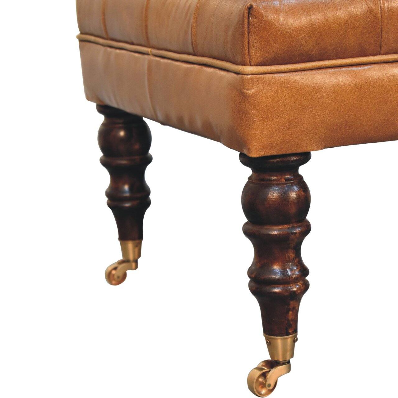Alt View 5. Artisan Furniture - Artisan Furniture Solid Wood California Walnut Buffalo Brown Leather Ottoman with Castor Legs, Upholstered, Brown Color - Brown.