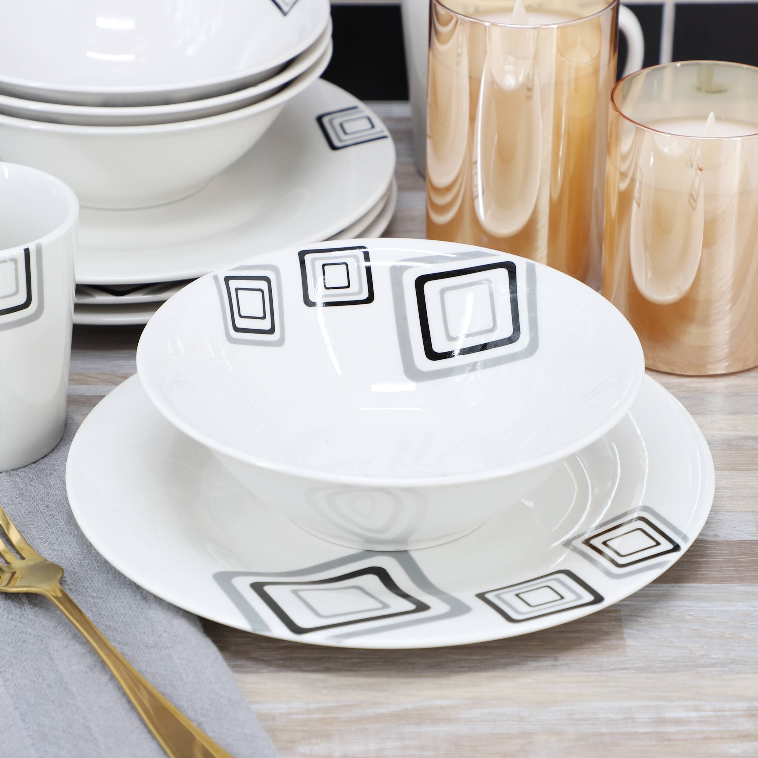 Alt View 4. Gibson - Gibson Home Black Squares 12 Piece Round Fine Ceramic Dinnerware Set in White - White.