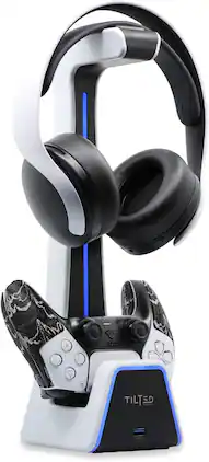 Tilted Nation - Gaming Headset and Controller Stand | Premium PS5 Accessories (Clean Space with Charging Station) - White