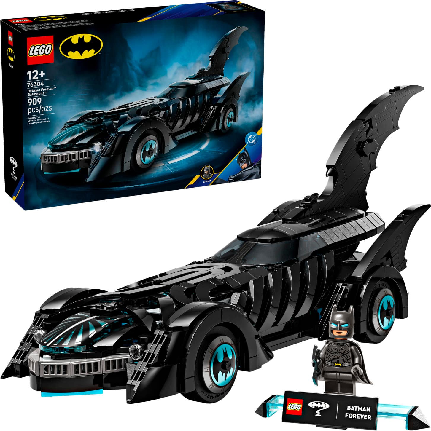 A Lego Batman Forever Batmobile set, containing 909 pieces, is shown in the image. The set is designed for builders aged 12 and up, and it features a Batmobile with a black and blue color scheme. The set also includes a Lego Batman figure, adding to the excitement of the build.