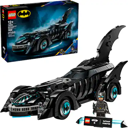A Lego Batman Forever Batmobile set, containing 909 pieces, is shown in the image. The set is designed for builders aged 12 and up, and it features a Batmobile with a black and blue color scheme. The set also includes a Lego Batman figure, adding to the excitement of the build.