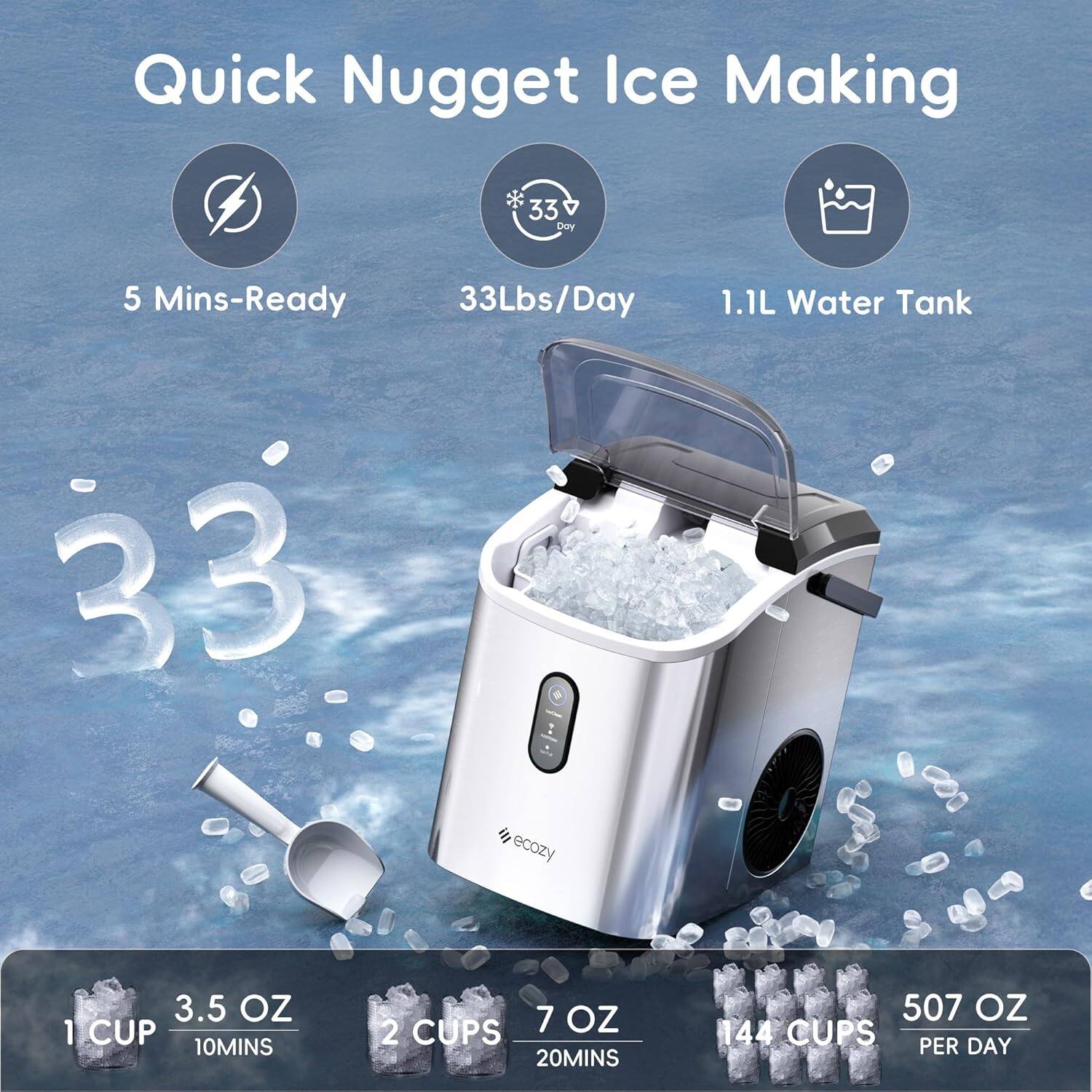 Quick Nugget Ice Making, 5 Mins-Ready, 33Lbs/Day, 1.1L Water Tank, 3.5 OZ, 1 CUP, 10MINS, 2 CUPS, 7 OZ, 20MINS, 507 OZ, 144 CUPS PER DAY