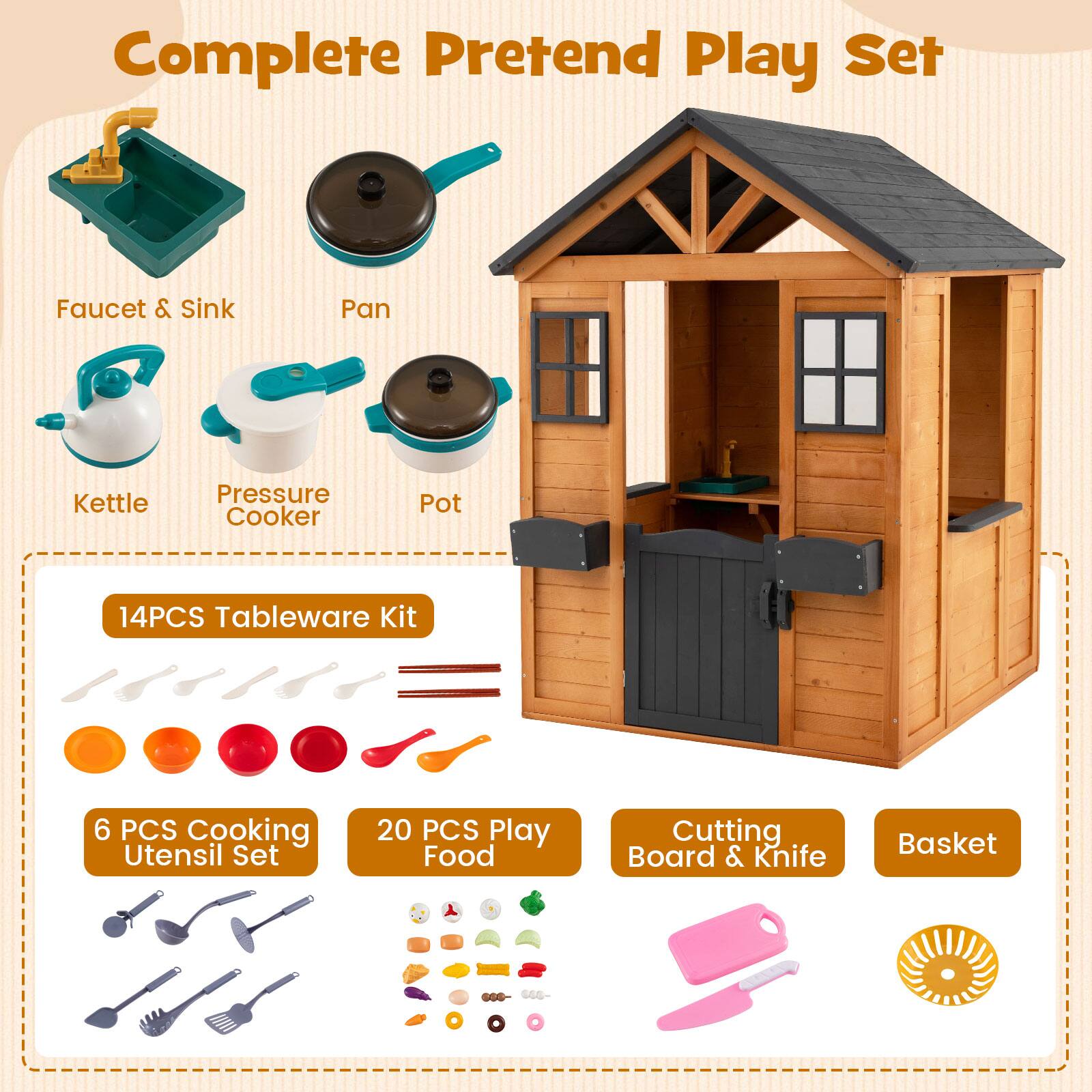 Complete Pretend Play Set Faucet & Sink Pan Kettle Pressure Cooker Pot 14PCS Tableware Kit 6 PCS Cooking Utensil Set 20 PCS Play Food Cutting Board & Knife Basket