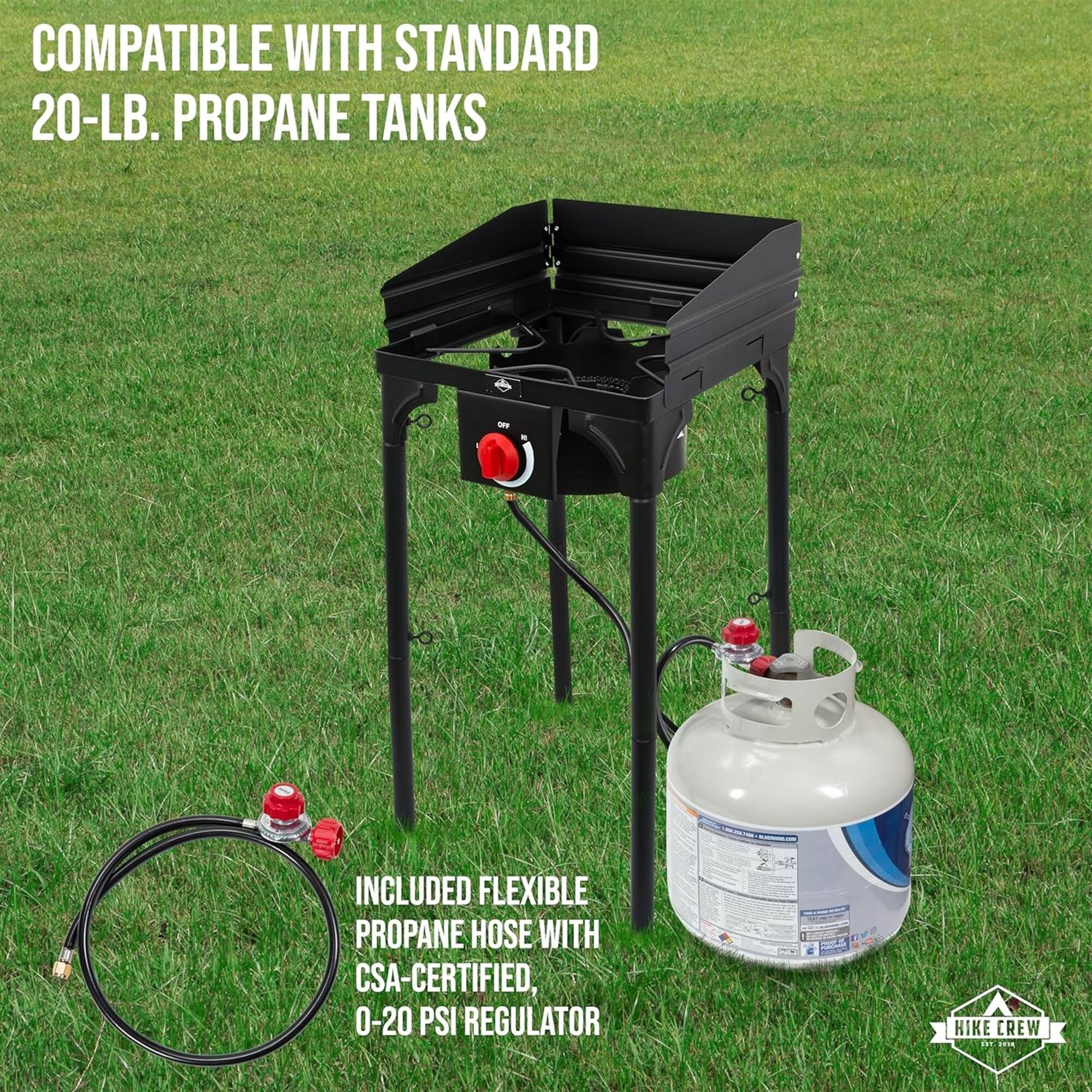 COMPATIBLE WITH STANDARD 20-LB. PROPANE TANKS - INCLUDED FLEXIBLE PROPANE HOSE WITH CSA-CERTIFIED, 0-20 PSI REGULATOR