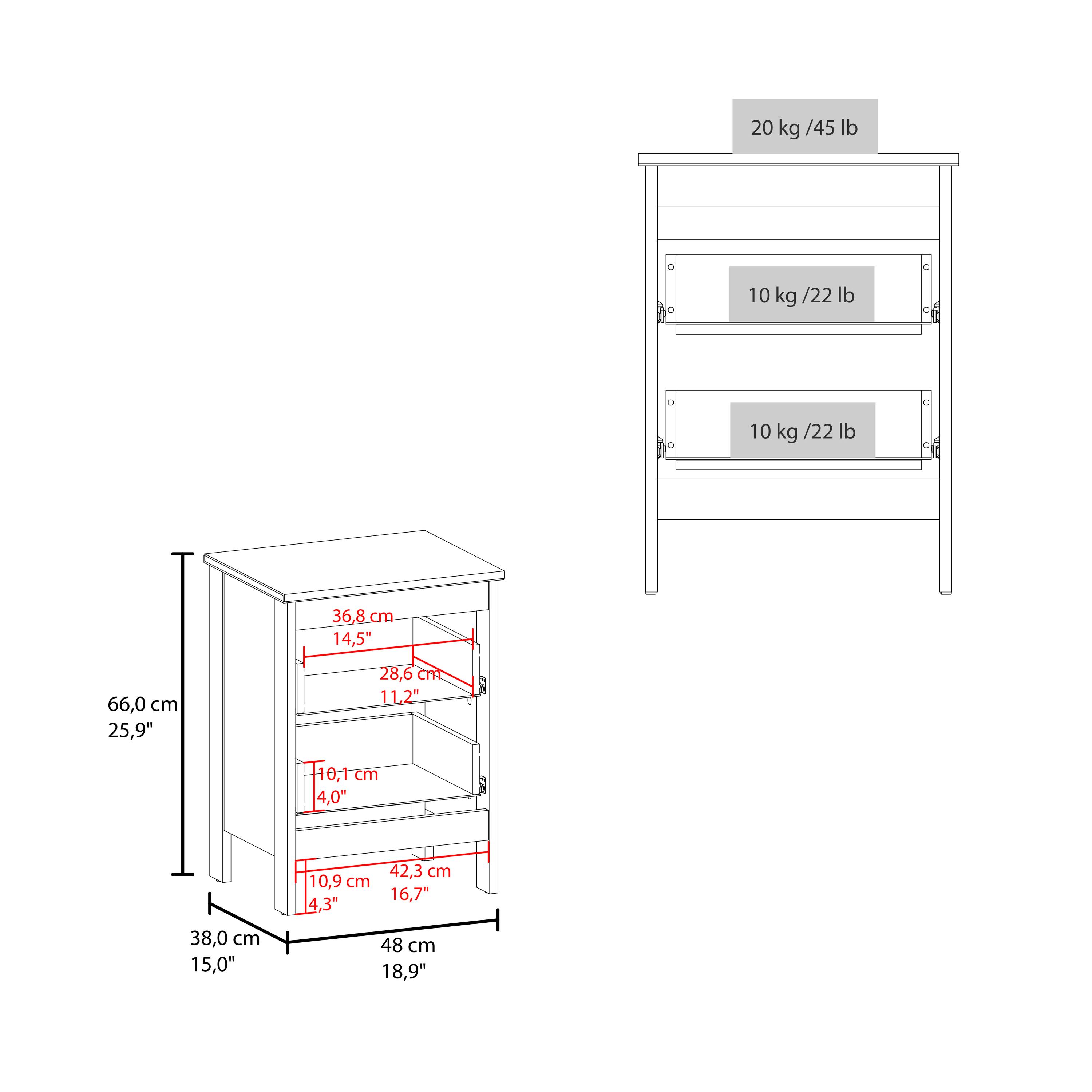 20 kg / 45 lb  
10 kg / 22 lb  
10 kg / 22 lb  

66.0 cm / 25.9"  
38.0 cm / 15.0"  
48 cm / 18.9"  

36.8 cm / 14.5"  
28.6 cm / 11.2"  
10.1 cm / 4.0"  
10.9 cm / 4.3"  
42.3 cm / 16.7"