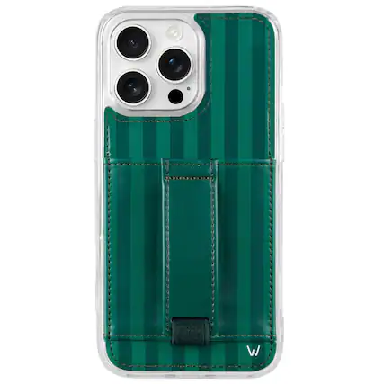 Front. Walli Cases - Walli Cases iPhone 13 Pro Max Phone Case with Wallet and Finger Strap - Evergreen - Evergreen Stripe.